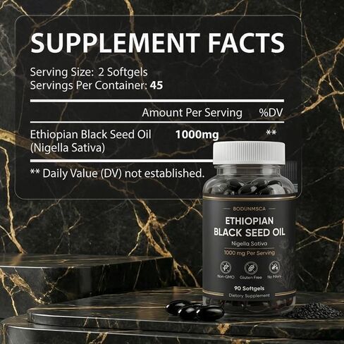 Ethiopian Black Seed Oil Softgels 1000mg, 100% Pure Nigella Sativa, Supports Immune & Digestive Health, Cold Pressed, Non-GMO, Easy-to-Swallow, 90 Softgels in Saudi Arabia