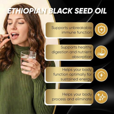 Ethiopian Black Seed Oil Softgels 1000mg, 100% Pure Nigella Sativa, Supports Immune & Digestive Health, Cold Pressed, Non-GMO, Easy-to-Swallow, 90 Softgels in Saudi Arabia
