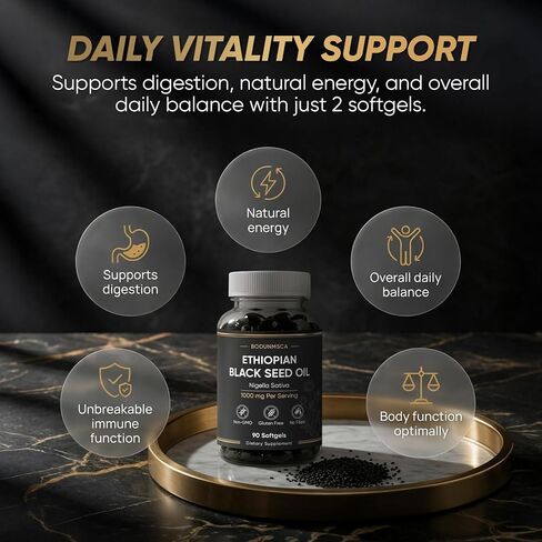 Ethiopian Black Seed Oil Softgels 1000mg, 100% Pure Nigella Sativa, Supports Immune & Digestive Health, Cold Pressed, Non-GMO, Easy-to-Swallow, 90 Softgels in Saudi Arabia