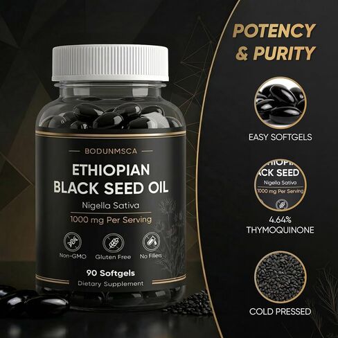 Ethiopian Black Seed Oil Softgels 1000mg, 100% Pure Nigella Sativa, Supports Immune & Digestive Health, Cold Pressed, Non-GMO, Easy-to-Swallow, 90 Softgels in Saudi Arabia