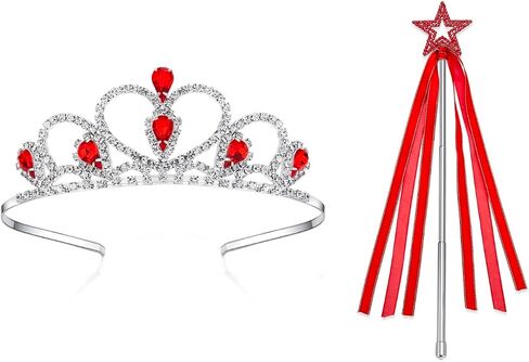 Lovelyshop Metal Red Princess Tiara with Crystal Adjustable Wand Set, 2 Pieces, Dress Up Accessories for Girls 5-13 Years Old in Saudi Arabia