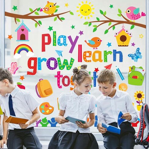 JarThenaAMCS Back to School Window Cling Stickers Play Learn Grow Together Double-Sided Glass Decals for Home Classroom Party Wall Decor, 6 Sheets in Kuwait