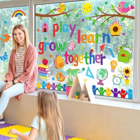 JarThenaAMCS Back to School Window Cling Stickers Play Learn Grow Together Double-Sided Glass Decals for Home Classroom Party Wall Decor, 6 Sheets in Kuwait