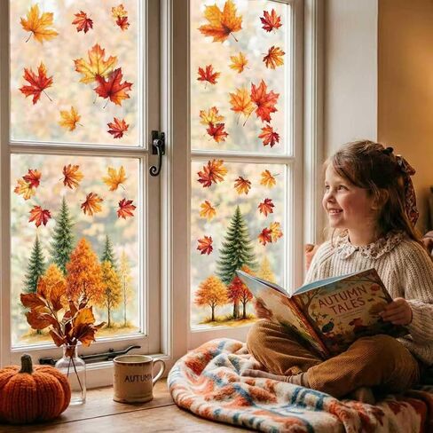 Fall Window Clings Decor - Watercolor Autumn Trees & Maple Leaf Decorations | 9 Sheets Fall Stickers for Glass Windows, Thanksgiving Decals for Home, Office, School Classroom, Holiday Party Decoration in Saudi Arabia