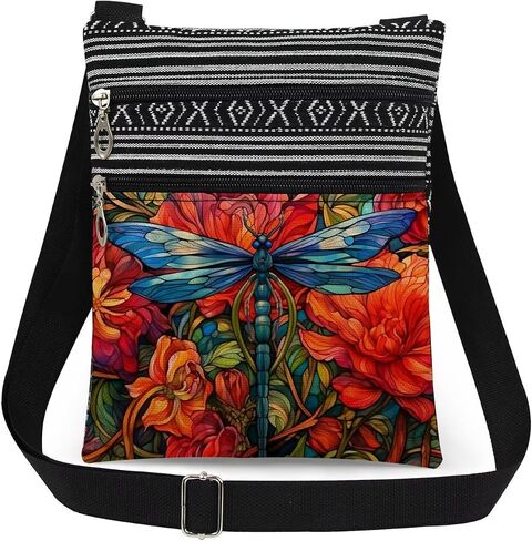 Blue Dragonfly Adjustable Shoulder Strap Crossbody Bag Blue Wings with Colorful Flowers Adults Messenger Bag Unique Gift for Garden Party Birthday Gift for Friend Mother's Day​​ Present in Kuwait