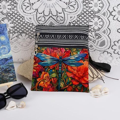 Blue Dragonfly Adjustable Shoulder Strap Crossbody Bag Blue Wings with Colorful Flowers Adults Messenger Bag Unique Gift for Garden Party Birthday Gift for Friend Mother's Day​​ Present in Kuwait