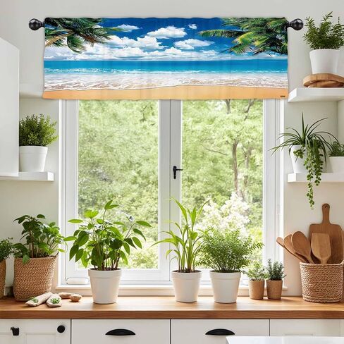 54x18Inch Polyester Hawaiian Beach Palm Trees Valance Tropical Waves Short Topper Curtain Summer Seaside Rod Pocket Window Treatment Drapes Luau Aloha Bedroom Home Decor 1 Panel in Kuwait