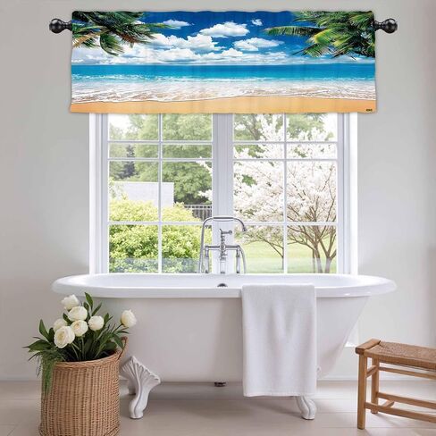 54x18Inch Polyester Hawaiian Beach Palm Trees Valance Tropical Waves Short Topper Curtain Summer Seaside Rod Pocket Window Treatment Drapes Luau Aloha Bedroom Home Decor 1 Panel in Kuwait