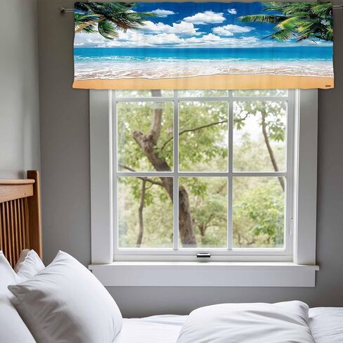 54x18Inch Polyester Hawaiian Beach Palm Trees Valance Tropical Waves Short Topper Curtain Summer Seaside Rod Pocket Window Treatment Drapes Luau Aloha Bedroom Home Decor 1 Panel in Kuwait