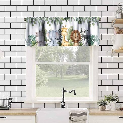 Woodland Animals Kitchen Valance, Watercolor Cute Jungle Forest Animals Green Leaves Short Window Drapes for Kids Girls Boys Kitchen Bedroom Living Room Nursery, 54x18Inch in Saudi Arabia