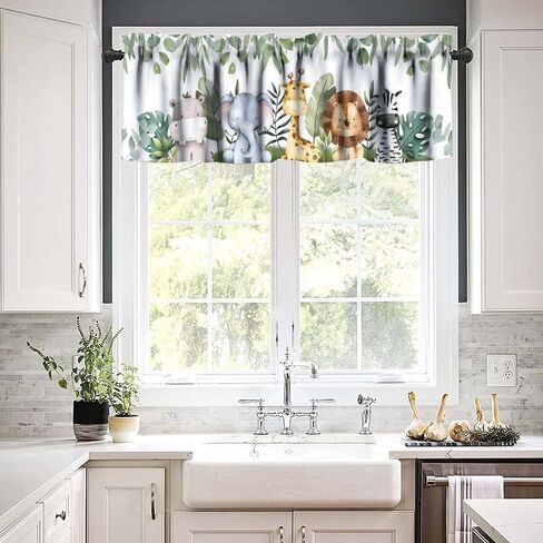 Woodland Animals Kitchen Valance, Watercolor Cute Jungle Forest Animals Green Leaves Short Window Drapes for Kids Girls Boys Kitchen Bedroom Living Room Nursery, 54x18Inch in Saudi Arabia