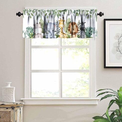 Woodland Animals Kitchen Valance, Watercolor Cute Jungle Forest Animals Green Leaves Short Window Drapes for Kids Girls Boys Kitchen Bedroom Living Room Nursery, 54x18Inch in Saudi Arabia