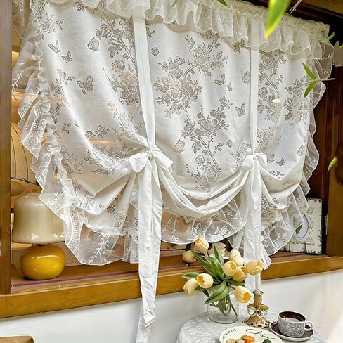 White Lace Curtains,Tie-Back Elegant Sheer Sheer Curtains,Ruffled Design,Romantic Window Treatments with Butterfly-Adorned Floral Pattern,59''W x 39''L in Kuwait