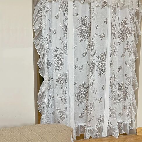 White Lace Curtains,Tie-Back Elegant Sheer Sheer Curtains,Ruffled Design,Romantic Window Treatments with Butterfly-Adorned Floral Pattern,59''W x 39''L in Kuwait
