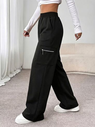 Women's Wide Leg Cargo Sweatpants, Baggy Lounge Pants with Zipper Pockets in Kuwait