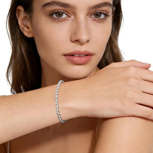 18K Silver Plated 4mm High Carbon Diamond Classic Tennis Bracelet, Stainless Steel Silver Chain for Women, Gold Bracelets Jewelry for Women 7.5Inch in Kuwait