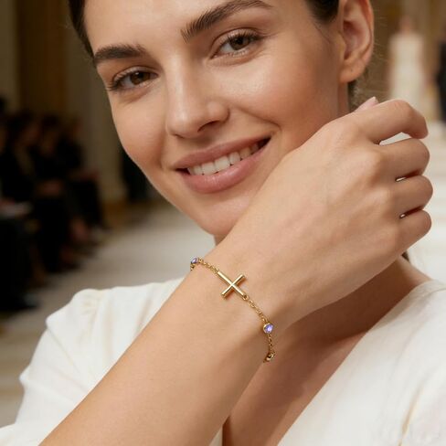 Midari June Light Violet Gemstone Birthstone Bracelet for Women 18K Gold Plating Cross Jewelry Birthday Gifts for Wife Her Daughter Mom in Saudi Arabia