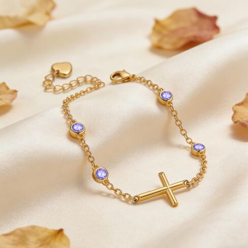 Midari June Light Violet Gemstone Birthstone Bracelet for Women 18K Gold Plating Cross Jewelry Birthday Gifts for Wife Her Daughter Mom in Saudi Arabia