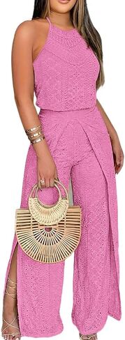 CHICME Women's Eyelet Halter Neck Jumpsuit High Waist Wide Leg Romper with Side Slit Casual Summer One Piece Outfit in Saudi Arabia