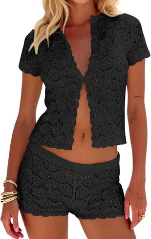 MakeMeChic Women's 2 Piece Sets Crochet Beach Cover Ups Boho Tops Mini Shorts Set Vacation Outfits in Saudi Arabia