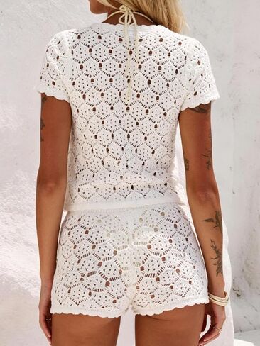 MakeMeChic Women's 2 Piece Sets Crochet Beach Cover Ups Boho Tops Mini Shorts Set Vacation Outfits in Saudi Arabia
