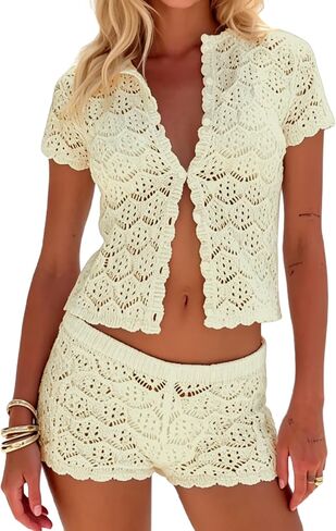 MakeMeChic Women's 2 Piece Sets Crochet Beach Cover Ups Boho Tops Mini Shorts Set Vacation Outfits in Saudi Arabia