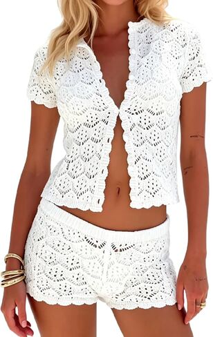 MakeMeChic Women's 2 Piece Sets Crochet Beach Cover Ups Boho Tops Mini Shorts Set Vacation Outfits in Saudi Arabia