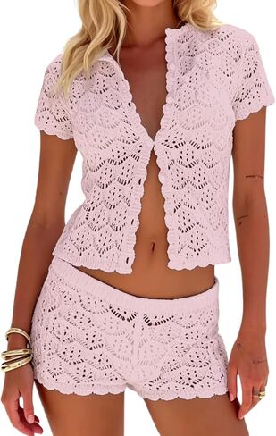 MakeMeChic Women's 2 Piece Sets Crochet Beach Cover Ups Boho Tops Mini Shorts Set Vacation Outfits in Saudi Arabia