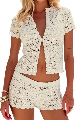 MakeMeChic Women's 2 Piece Sets Crochet Beach Cover Ups Boho Tops Mini Shorts Set Vacation Outfits in Saudi Arabia