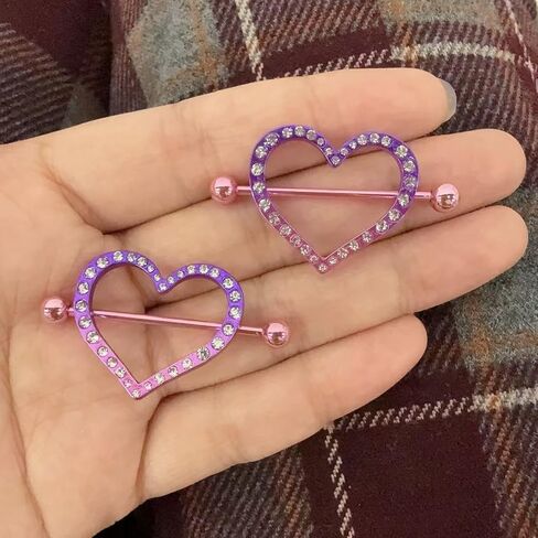 Kokoma 14G Pink Heart Nipple Rings for Women, Cubic Zirconia Crystal Hollow Love Nipplerings Nipple Piercing Shield Barbell Sexy Body Piercing Jewelry in Kuwait