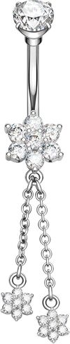 OUFER 14g Hypoallergenic Silver Dangle Belly Button Ring made of 316L Surgical Steel, Sparkling CZ with Floral Gold Belly Button Piercing Jewelry for Women in Kuwait