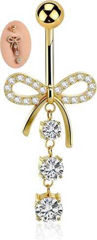 G23 TItanium Dangle Belly Button Ring 18K Gold Plated Hypoallergenic Belly Rings 14G Navel Piercing Jewelry For Women Men Zircon Bow Danling Belly Piercings in Saudi Arabia