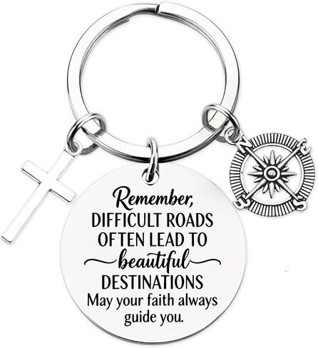 Confirmation Gifts Keychain for Teen Boys - Difficult Roads Often Lead to Beautiful Destinations Christian Compass Cross Keychain, Religious Faith Based Encouragement Accessories in Kuwait