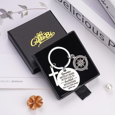 Confirmation Gifts Keychain for Teen Boys - Difficult Roads Often Lead to Beautiful Destinations Christian Compass Cross Keychain, Religious Faith Based Encouragement Accessories in Kuwait