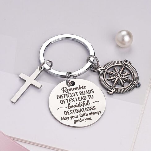 Confirmation Gifts Keychain for Teen Boys - Difficult Roads Often Lead to Beautiful Destinations Christian Compass Cross Keychain, Religious Faith Based Encouragement Accessories in Kuwait