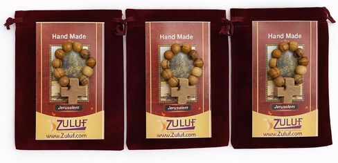 مجموعة خواتم مسبحة من خشب الزيتون من Zuluf مكونة من 3 قطع - مصنوعة يدويًا في الأرض المقدسة في بيت لحم، خرزات صلاة خشبية كاثوليكية مع حقيبة وشهادة، هدية المعمودية والمناولة الأولى in Kuwait