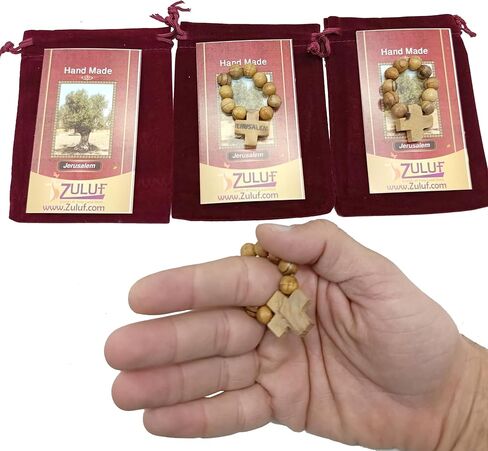 مجموعة خواتم مسبحة من خشب الزيتون من Zuluf مكونة من 3 قطع - مصنوعة يدويًا في الأرض المقدسة في بيت لحم، خرزات صلاة خشبية كاثوليكية مع حقيبة وشهادة، هدية المعمودية والمناولة الأولى in Kuwait