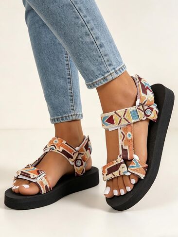 Women's Printed Platform Thong Sandals - Adjustable Strappy Wedge Sandals with Checkerboard, Tie-Dye & Tribal Patterns in Kuwait
