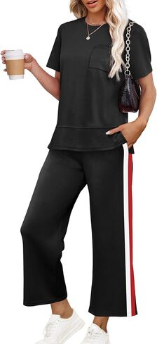 OFEEFAN Women's Lounge Sets Fashion Outfits Wide Leg Loungewear Side Slit Tracksuit for Vacation Travel Airport S-3XL in Kuwait