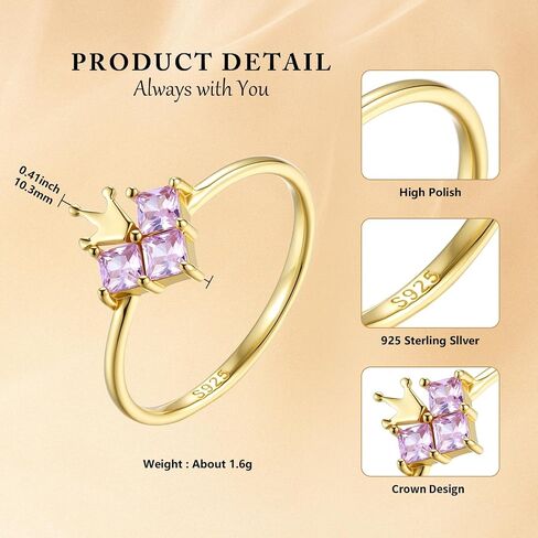 14K Gold Plated Crown Ring Non Fading Inlaid Pink Cubic Zirconia Minimalist Band For Women Delicate Promise Ring For Couple Dainty Pinky Silver Ring 925 Sterling Silver Stackable Band Ideal For Birthday Holiday Presents Size 7 8 9 in Saudi Arabia