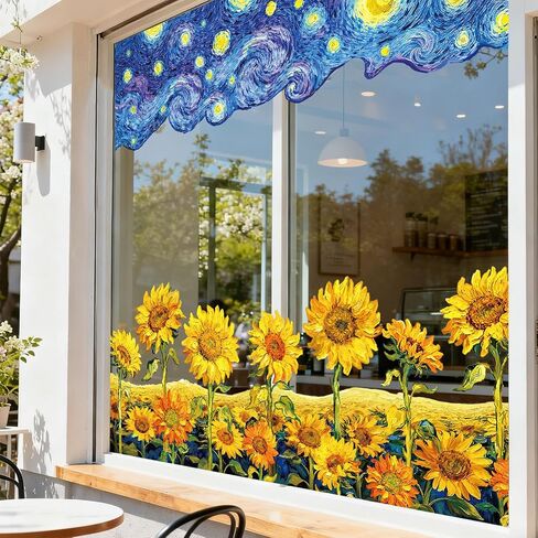 Whaline كبيرة جدًا مرصعة بالنجوم ليلة عباد الشمس نافذة تلتصق بنافذة زنبركية Van Gogh Art قابلة لإعادة الاستخدام مضادة للتصادمات ديكور الأرامل للمنزل والفصول الدراسية والمكاتب ومتجر زجاج المرآة، 4 أوراق in Kuwait