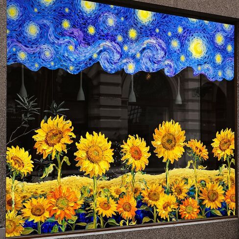 Whaline كبيرة جدًا مرصعة بالنجوم ليلة عباد الشمس نافذة تلتصق بنافذة زنبركية Van Gogh Art قابلة لإعادة الاستخدام مضادة للتصادمات ديكور الأرامل للمنزل والفصول الدراسية والمكاتب ومتجر زجاج المرآة، 4 أوراق in Kuwait