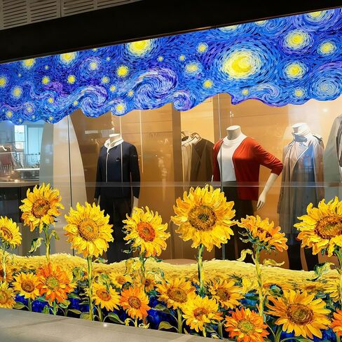 Whaline كبيرة جدًا مرصعة بالنجوم ليلة عباد الشمس نافذة تلتصق بنافذة زنبركية Van Gogh Art قابلة لإعادة الاستخدام مضادة للتصادمات ديكور الأرامل للمنزل والفصول الدراسية والمكاتب ومتجر زجاج المرآة، 4 أوراق in Kuwait