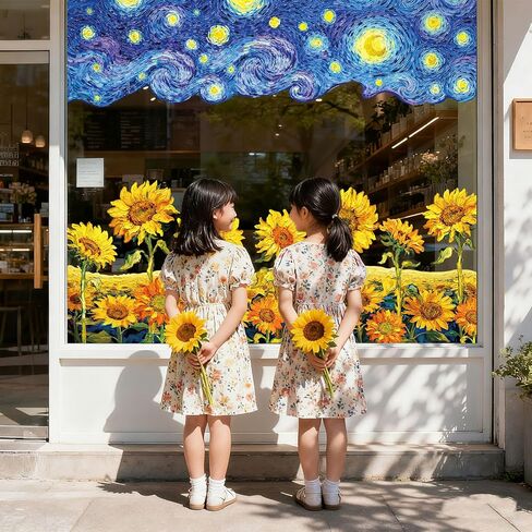 Whaline كبيرة جدًا مرصعة بالنجوم ليلة عباد الشمس نافذة تلتصق بنافذة زنبركية Van Gogh Art قابلة لإعادة الاستخدام مضادة للتصادمات ديكور الأرامل للمنزل والفصول الدراسية والمكاتب ومتجر زجاج المرآة، 4 أوراق in Kuwait