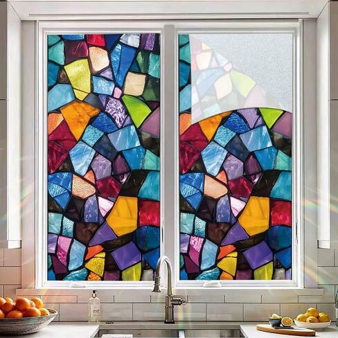 Stained Glass Window Privacy Film 18x40 Inch, Colorful Mosaic Design, Self Adhesive Frosted Glass Film for Privacy, Easy to Install, UV Protection, Decorative for Home, Office in Saudi Arabia