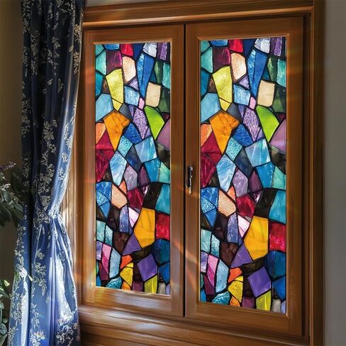 Stained Glass Window Privacy Film 18x40 Inch, Colorful Mosaic Design, Self Adhesive Frosted Glass Film for Privacy, Easy to Install, UV Protection, Decorative for Home, Office in Saudi Arabia