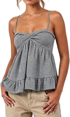 Mxiqqpltky Women Y2k Plaid Babydoll Tank Top Summer Spaghetti Strap Square Neck Ruffle Camisole Cute Flowy Hem Peplum Shirts in Kuwait