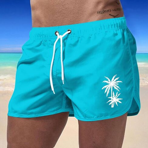 Mens Summer Beach Shorts Quick Dry Swim Trunks Casual Drawstring Board Shorts with Palm Print in Kuwait
