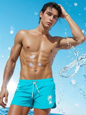 Mens Summer Beach Shorts Quick Dry Swim Trunks Casual Drawstring Board Shorts with Palm Print in Kuwait