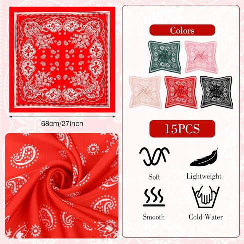 15 Pcs Silk Bandanas for Women, 26.8 x 26.8 Inch Satin Hair Bandana Set, 5 Colors Head Scarf for Sleeping, Fashion, Travel, and Casual Wear in Saudi Arabia